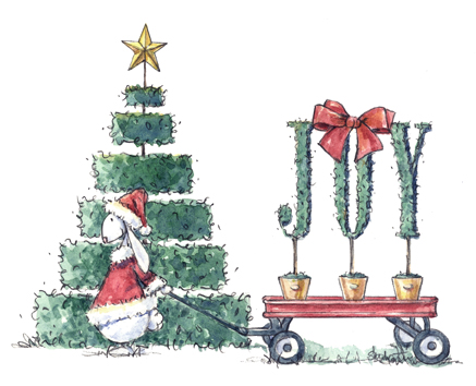 Bunny pulling wagon with JOY spelled in topiary in front of cake topiary Christmas Tree